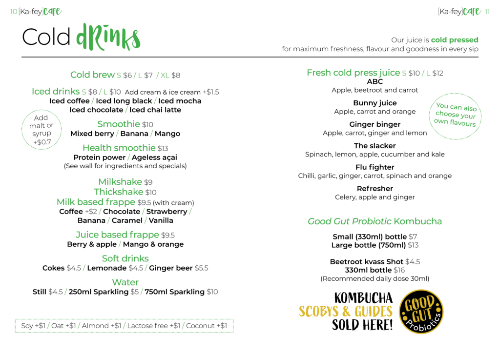 Made to order cold press juice, Smoothies, frappes and iced coffees to go or stay